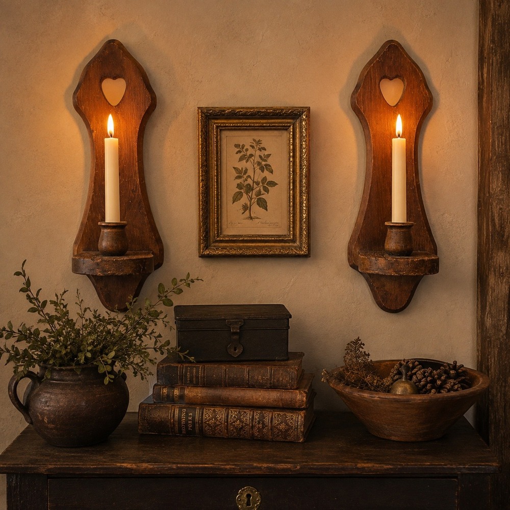 Vintage Wood Candle Sconces Pair Heart Cutout Primitive Colonial Wall Decor